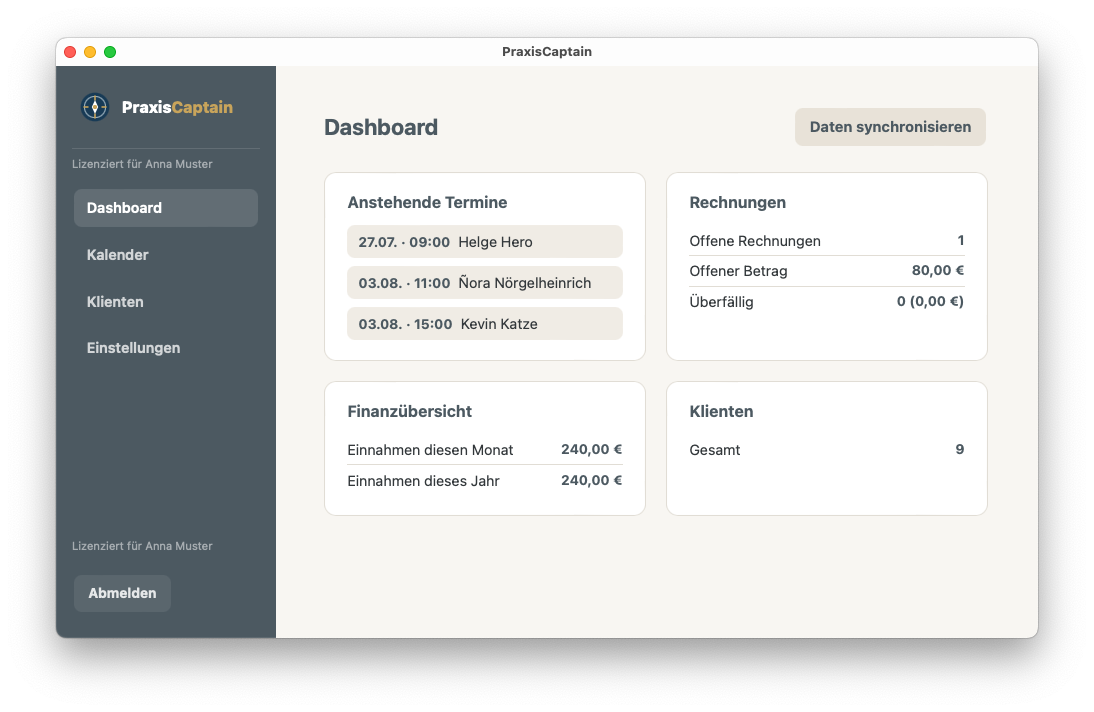 PraxisCaptain Dashboard mit anstehenden Terminen, Rechnungen und Finanzübersicht
